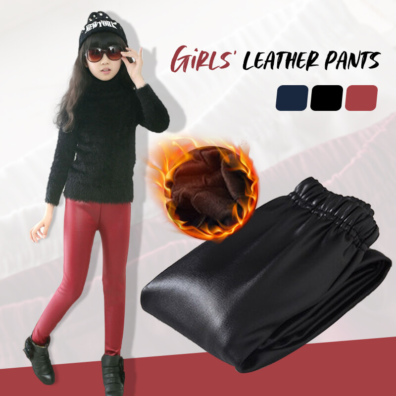 Faux Leather Teen Kids Girls Leggings Thin Pencil Pant Plus Velvet Leather  Pants | eBay
